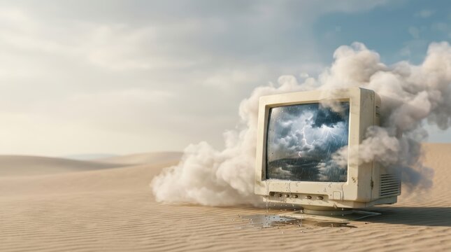Surreal photography of an old computer monitor in the desert with a thunderstorm on screen and clouds pouring out
