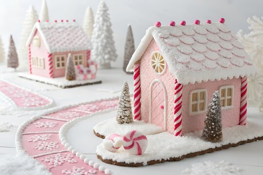 Pink and white candy gingerbread village with peppermint path in winter snow