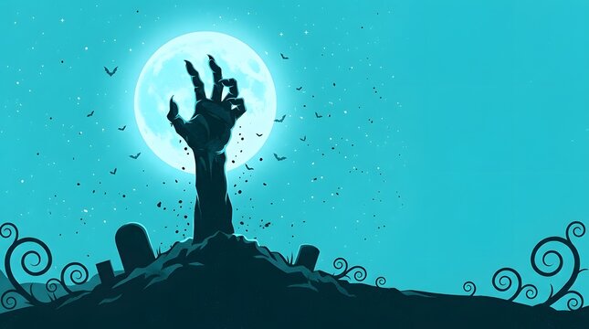 Spooky zombie hand reaching out from the ground beautifully produced