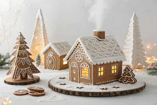 Traditional gingerbread village scene with glowing warm lights and wooden board