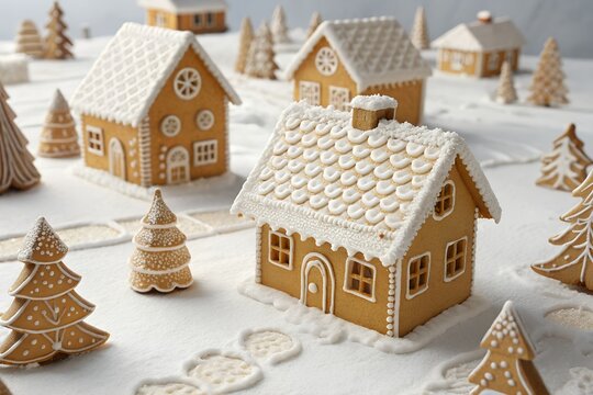 Miniature gingerbread houses arranged in a snowy winter village landscape scene