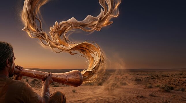 Surreal photography capturing an indigenous man playing a didgeridoo in the desert as mystical golden sand and liquid spirits spiral into the sunset sky.