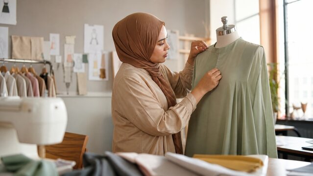 A Muslim fashion designer pinning modest garment pieces onto a dress form in a naturally lit studio, overhead editorial composition, for