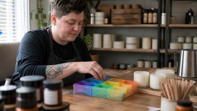 A neurodivergent candle maker using a color coded but textless organization system at a calm production table, candid medium action view