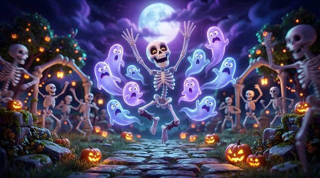 Spooky witch or creature in a dark magical forest creatively illuminated