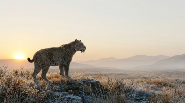 Majestic sabertooth cat standing on a mountain peak at sunrise, a powerful moment of faith and spirituality photography with ample copyspace.