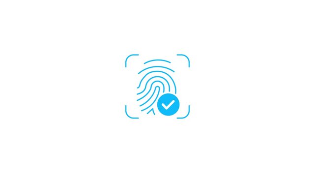 Fingerprint verification animation showing biometric identity authentication with a checkmark for secure access, digital security, authorization and user identification
