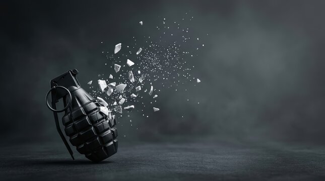 Conceptual storytelling narrative of a grenade shattering into fragile shards, a powerful metaphor for the end of conflict and destruction