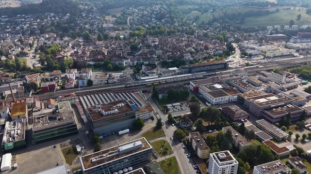 A panoramic aerial view beside the old town of the city Zofingen in Switzerland on a sunny summer noon.