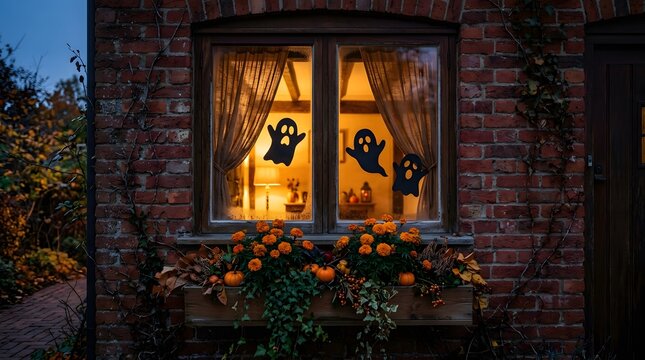 Halloween decorated window or fireplace with glowing pumpkins magnificently produced
