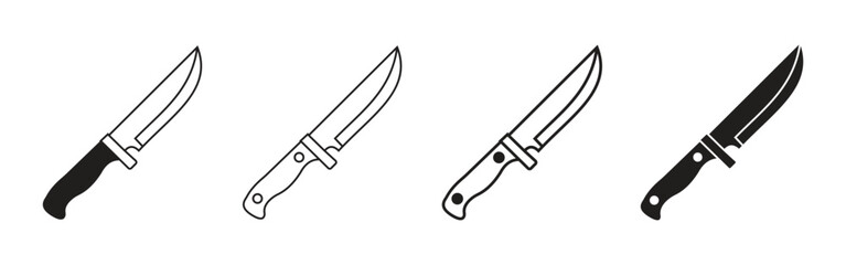 Fototapeta premium Hunting Knife Icon Set with Four Blade and Handle Styles, Outdoor Camping and Survival Tool Outline and Solid Silhouette Designs
