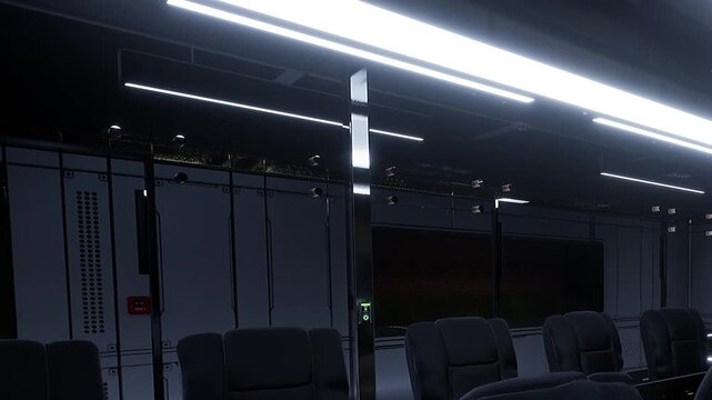 The scene shows the interior of a bus at night. The bus has empty seats and bright overhead lights. There is a dark background outside the windows.