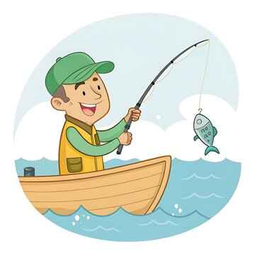 Smiling man fishing in a small boat with a caught fish
