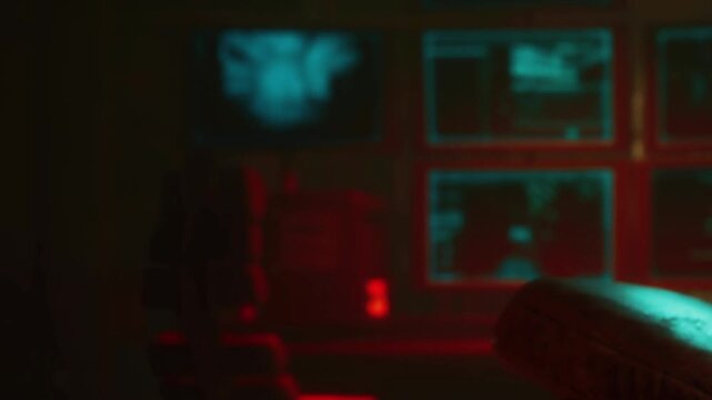 Several screens are seen on the wall of a dimly lit room. The screens show different images and data. The setting appears to be an office or control room during evening hours.