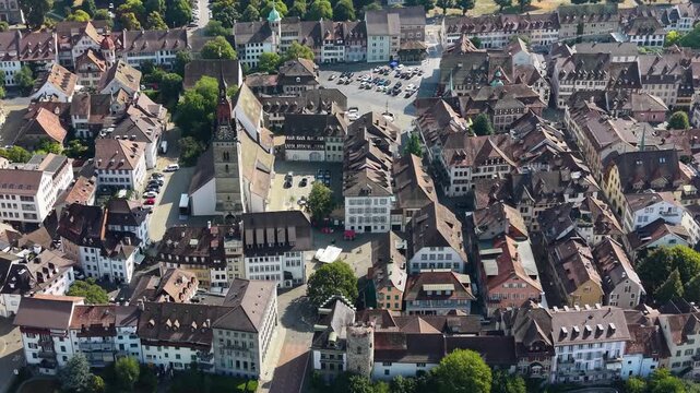 A panoramic aerial view beside the old town of the city Zofingen in Switzerland on a sunny summer noon.