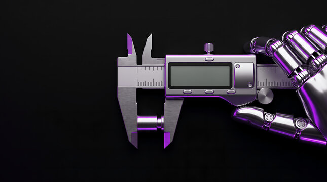 Macro shot of dark humanoid robotic hand operating precision vernier caliper measuring tool on black background with rim lighting for industrial quality assurance and manufacturing testing concept