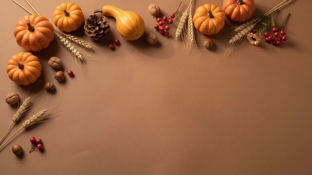 Pumpkins and gourds on paper surface