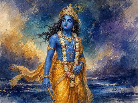 Lord Krishna walking beside tranquil water in yellow traditional clothing with a peacock feather crown and floral garlands