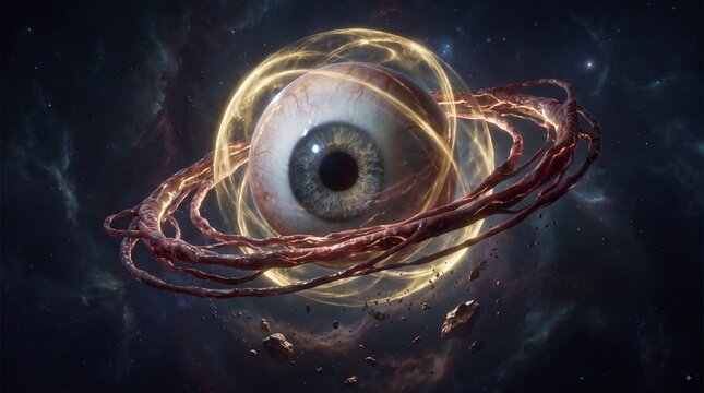 Surreal Cosmic Eye Planet with Rings in Deep Space