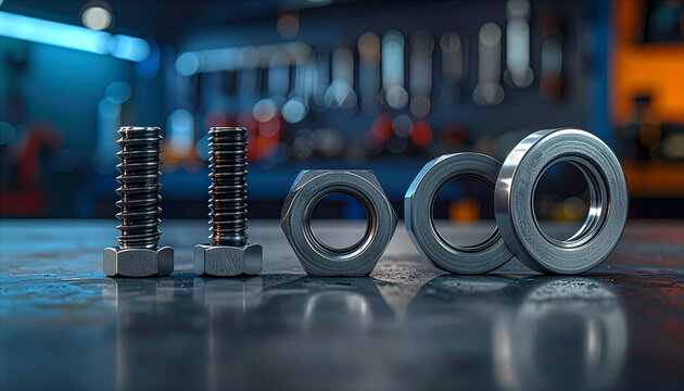 Shiny steel bolts and hex nuts lined up on a metal surface inside a modern industrial factory workshop with bokeh background