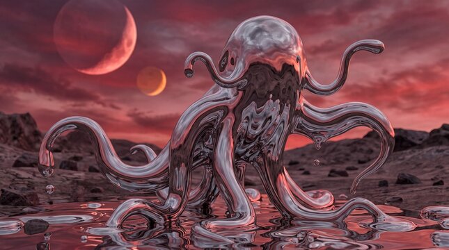 Chrome alien octopus creature on red extraterrestrial planet