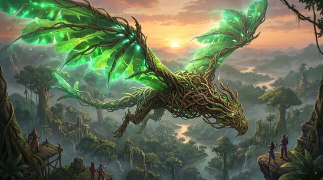Giant green nature dragon flying over lush tropical jungle