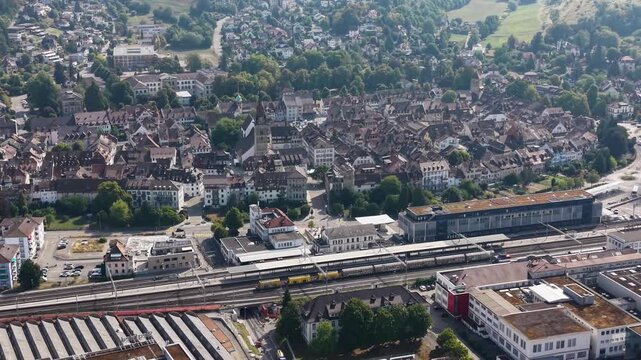 A panoramic aerial view beside the old town of the city Zofingen in Switzerland on a sunny summer noon.