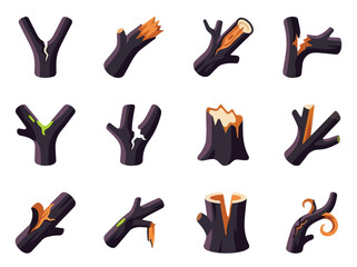 Obraz premium Halloween Premium, Stylized tree branch set, 12 dark wood log icons. Broken timber stumps and twigs vector collection for game design. isolated PNG with Transparent Background illustrator, Eps