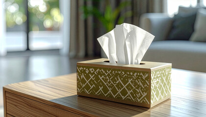 Fototapeta premium Facial tissue dispenser box made of craft paper on wood tabletop with soft morning daylight and blurred indoor background
