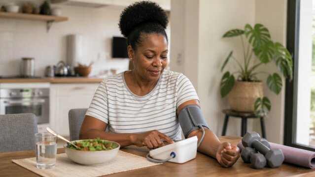 A Black woman checking her blood pressure at home with a clinically plausible cuff and relaxed posture, elevated three quarter view, for