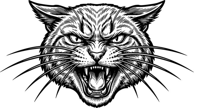 Angry screaming cat head vintage engraving black and white vector illustration