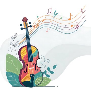 Colorful violin with musical notes floating in nature background
