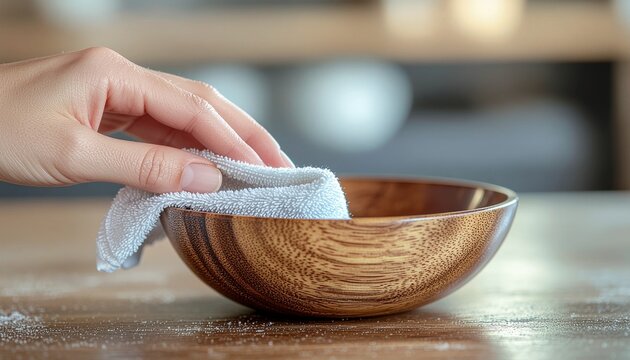 Hand polishing the rim of a wooden lacquerware bowl with a soft cloth