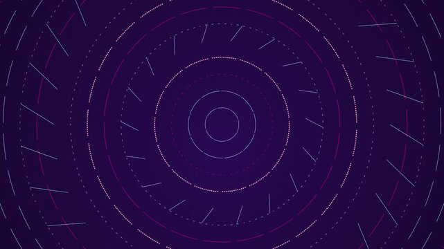 Glowing circular light paths move through deep purple space creating rhythmic patterns of infinite energy flow