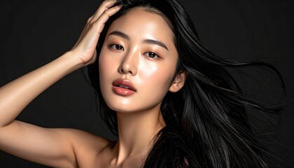 Fototapeta premium 流れる黒髪とガラス肌の韓国女性