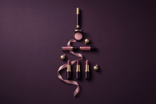 Elegant Christmas beauty flat lay featuring burgundy and mauve lipsticks, blush and makeup products arranged into a stylized Christmas tree with a soft mauve satin ribbon and gold ornaments on a deep 