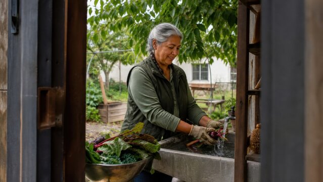 A gardener wearing gloves and washing fresh produce at an outdoor sink after harvesting, panoramic commercial banner view, for technology