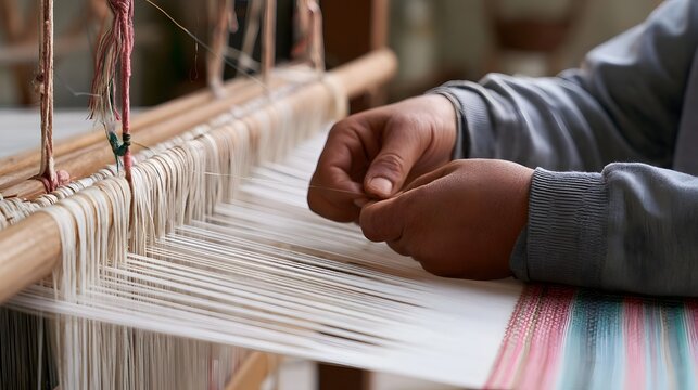 Close up of hands weaving on a traditional wooden loom with white warp threads and colorful weft yarns in progress