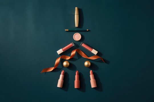 Creative Christmas makeup flat lay featuring colorful lipsticks, blush and cosmetic products arranged into a modern Christmas tree with flowing orange satin ribbon and gold ornaments on a deep teal ba