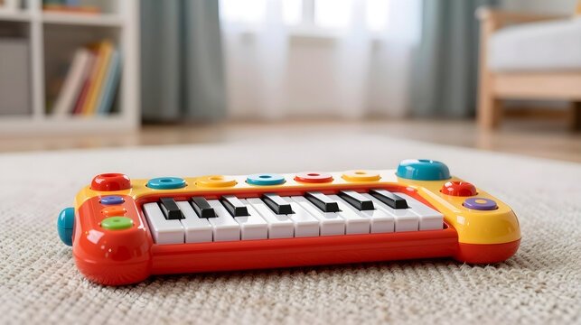 A collection of colorful electronic learning toys resting on a soft play rug.