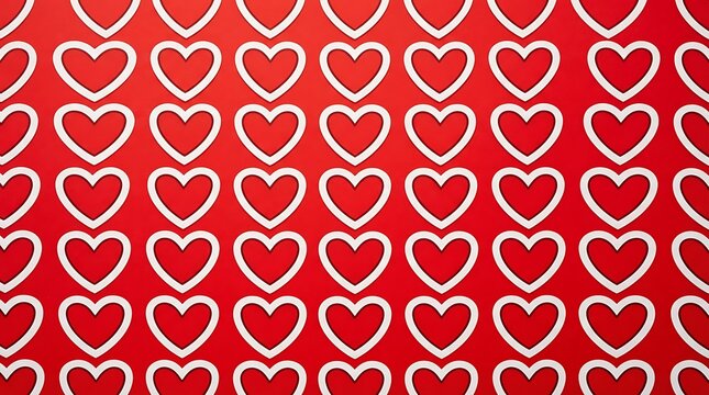 Red heart pattern background, seamless vector tile of white outlined heart symbols on bright red field, geometric wallpaper design for valentine's day, love concept and romantic celebrations.