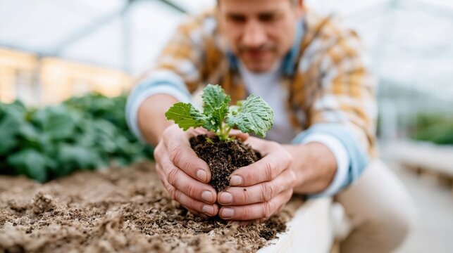 A devoted gardener gently places a young plant into rich soil, symbolizing growth, care, and the connection between humans and the nurturing of nature.