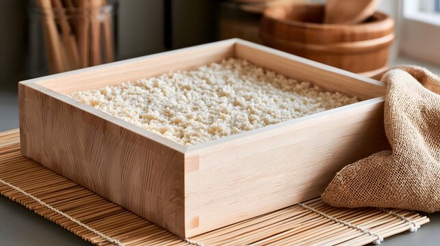 A wooden tray filled with fermented miso paste sits on a bamboo mat beside a burlap cloth and wooden bowls
