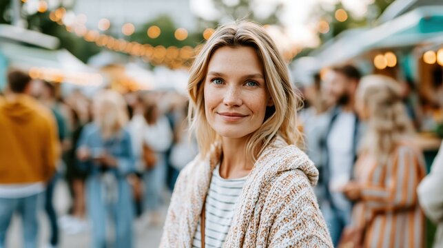 A radiant woman stands confidently in a bustling market filled with vibrant stalls and warm lights, embodying the excitement and liveliness of community and social interactions.