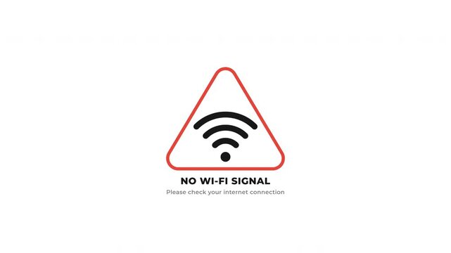 Animated No Wi-Fi signal icon with red triangle signal alert on white background, internet connection error