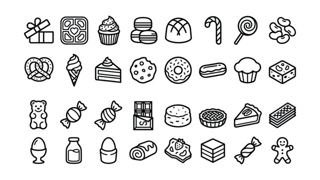 Collection of various stylized black line icons featuring different desserts and sweets