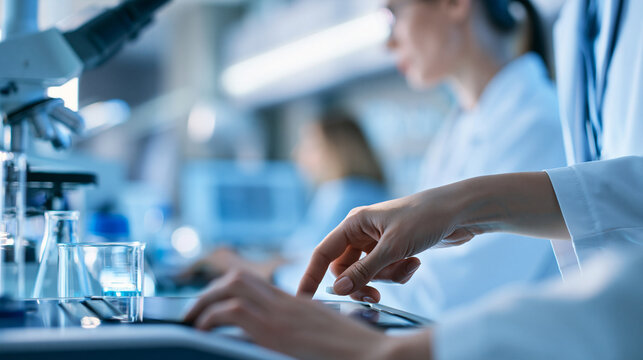 cropped view of hands operating tablet dissolution testing equipment in a bright pharmaceutical quality control laboratory, clean organized lab setup, release verification