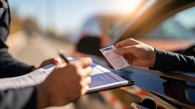 cropped view of a police officer's hands reviewing documents and issuing a traffic ticket to a driver on a bright sunny road, clean asphalt highway, clear sky, traffic stop