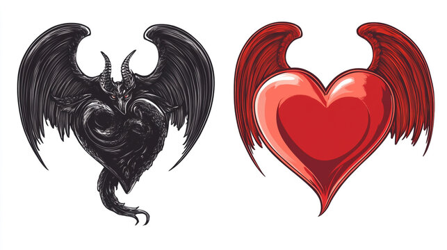Stylized illustration of a black winged demon heart and a red winged heart with demon wings angel wings good and evil dark and light gothic illustr