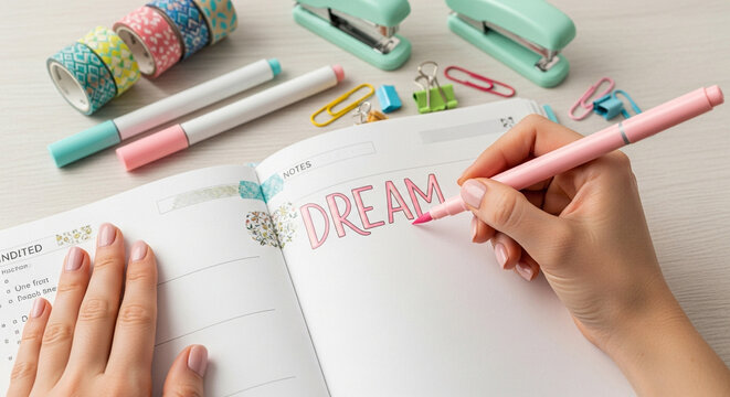 Hand writing dream in open notebook with stationery